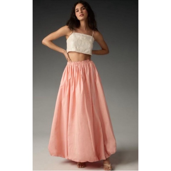 Anthropologie Bubble Hem Poofy Maxi Skirt Elastic Waist Peach Coral Pink XL - Picture 8 of 14